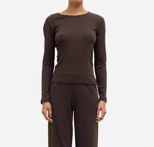 NEW LESET pointelle cotton long-sleeve slim fit top in choco